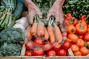 Unidentified chef gathering ripe organic vegetables in a beautiful rural farming setting