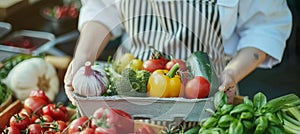 Unidentified chef gathering ripe organic vegetables on a fruitful farm for fresh meal preparation photo