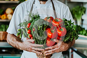 Unidentified chef harvesting organic vegetables on a rural farm for fresh meal preparation