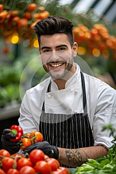 Unidentified chef picking ripe organic vegetables on a vibrant farm for farm to table cooking