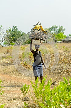 Unidentified Dagomban woman carries a basin with woods on her h