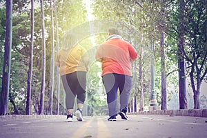 Unidentified fat couple jogging on the park road