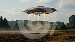 An unidentified flying object hovered in the sky. Space flying saucer with lights. An alien UFO visits the earth.