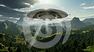An unidentified flying object hovered in the sky. Space flying saucer with lights. An alien UFO visits the earth.