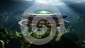 An unidentified flying object hovered in the sky. Space flying saucer with lights. An alien UFO visits the earth.