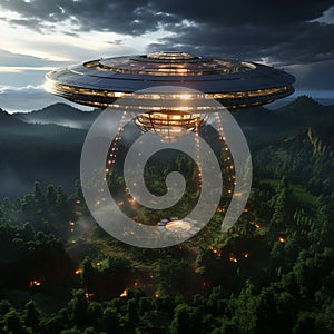 An unidentified flying object hovered in the sky. Space flying saucer with lights. An alien UFO visits the earth.