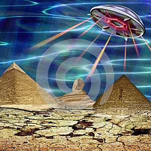 Unidentified flying object landing in a cracked landscape. Unknown object flying over pyramids and sphinx. 3d illustration