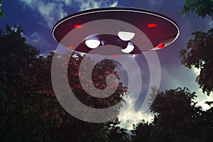 Unidentified flying object lands in a forest 3d rendering