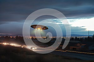 Unidentified flying object over cars on the road at night