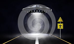 Unidentified flying object over the road. Realistic alien spaceship. Vector illustration