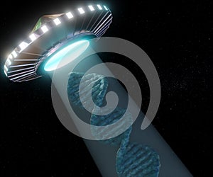 An unidentified flying object or UFO is beaming up DNA strands