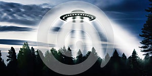 Unidentified flying object UFO using teleporting beam in middle of forest