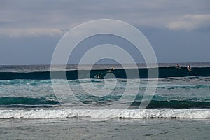 Unidentified man on surf board waiting for wave in blue water back view. Young Boys Waits the Waves. Surfer waiting in line for a