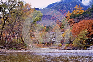 the unidentified mountain resort hotel in the background of Azusa river and colorful autumn trees at Kamikochi, Nagano pref.