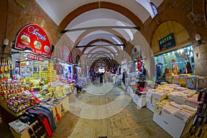 EDIRNE, TURKEY - 6 May 2018. Unidentified peolple at Selimiye Arasta Bazaar which is beside Selimiye Mosque in Edirne.