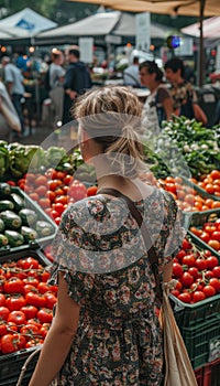 Unidentified person with eco bag buying assorted fresh produce at local farmers market