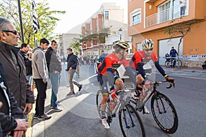 OROPESA DEL MAR, SPAIN - JANUARY 31, 2018: Bicyclists participate in the start bicycle race in La Vuelta on January 31