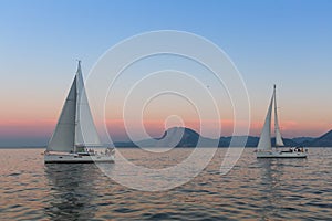 Unidentified sailboats participate in sailing regatta