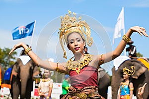 Unidentified thai dancers dancing. Elephant polo games during the 2013 King's Cup Elephant Polo match on August 28, 2013 at Suri