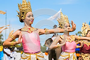 Unidentified thai dancers dancing. Elephant polo games during the 2013 King's Cup Elephant Polo match on August 28, 2013 at Suri