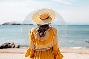 Unidentified woman leisurely savoring the warm sunrays during her delightful summer beach vacation