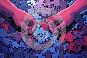 Unified hands collaborate on a jigsaw puzzle, embodying teamwork and collective problem-solving