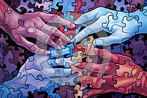 Unified hands collaborate on a jigsaw puzzle, embodying teamwork and collective problem-solving