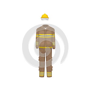 Uniform of fireman. Yellow helmet, brown jacket and pants with stripes. Protective firefighter clothes. Flat vector