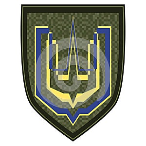 Uniform sign with golden trident. Green military ranks shoulder badge. Army soldier chevron