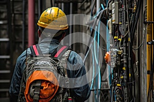 Uniformed Back view of standing worker in uniform. Generate ai