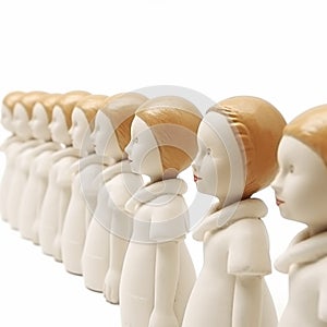 Uniformity, identity, monotony, many identical dolls stand in a row next to each other on a white photo