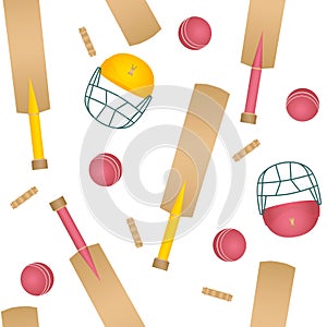 Uniforms and accessories for cricket. Helmet, bat, ball seamless vector pattern