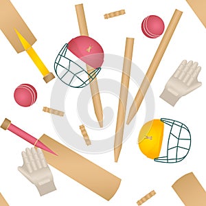 Uniforms and accessories for cricket. Helmet, bat, wicket, ball seamless vector pattern