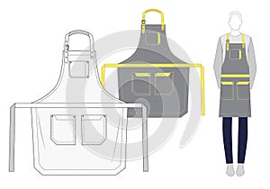 Uniforms Design Apron fashion flat template. Gray and yellow Apron fashion technica