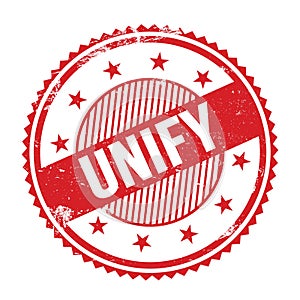 UNIFY text written on red grungy round stamp