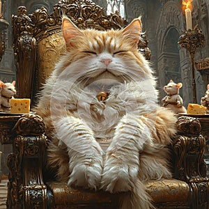 the unimpressed feline monarch on a golden throne photo