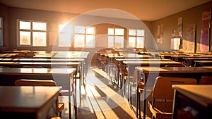 Uninhabited classroom in educational institution natural sunlight. Generative AI