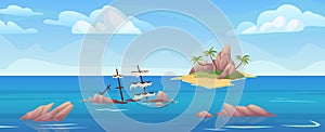 Uninhabited island. Empty desert islands tropical coast panoramic cartoon landscape, alone in caribbean sea after