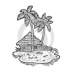 Uninhabited island with hut and palm trees sketch