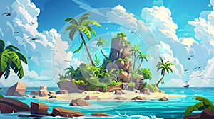 An uninhabited secret pirate island in the ocean with a beach, palm trees, jungle lianas and rocks. Tropical landscape