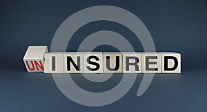 Uninsured or Insured. Cubes form the choice words Uninsured or Insured
