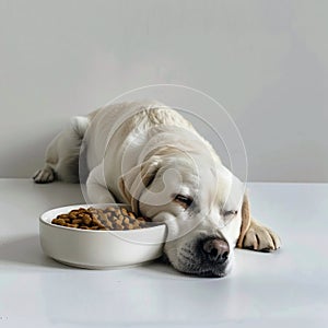 Uninterested Labrador Retriever with a Bowl of Dog Food. Generative ai photo