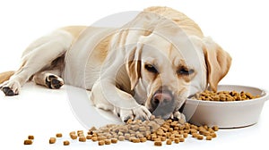 Uninterested Labrador Retriever with a Bowl of Dog Food. Generative ai photo