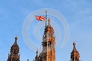 The Union Flag flying at half-mast on the Victoria Tower