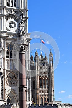 The Union Flag half-mast on Westminster Abbey and Victoria Tower