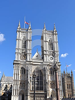 The Union Flag half-mast on Westminster Abbey and Victoria Tower