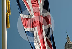 Union Jack British flag photographed blowing in the breeze on The Mall at the Trooping the Colour ceremony, London UK photo