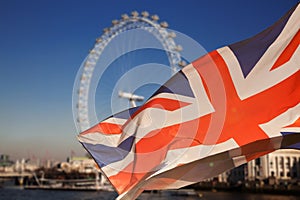 Union Jack flag and iconic London landmarks