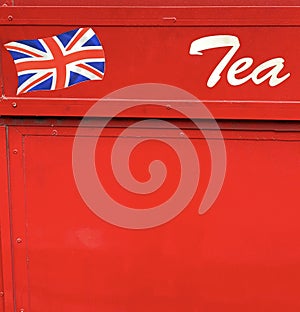 Union Jack flag and tea sign with red background