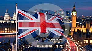 Union Jack , London skyline at dusk backdrop, city lights creating subtle bokeh effect